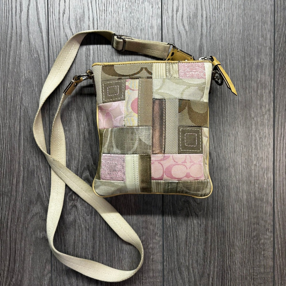 Coach Holiday Patchwork Crossbody Bag Pink Tan Brown Signature Jacquard Suede